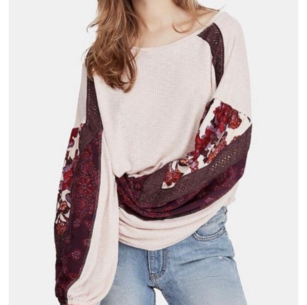 Free People Long Sleeve Top L Pink Floral Lace Statement Sleeve Boho Relaxed Fit